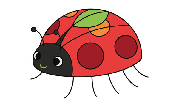 Whimsical ladybug with a small leaf on its back featuring bold flat colors and simple geometric shapes on a white background nature design concept