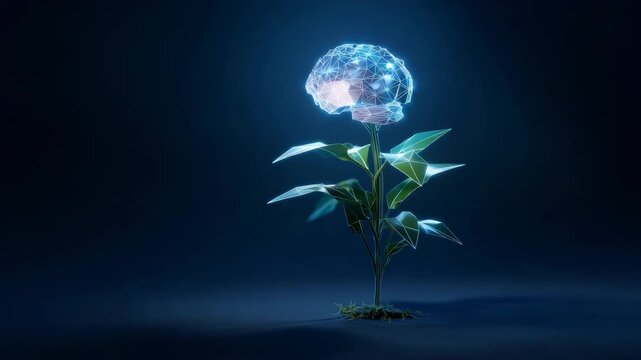 A digital of a flower with a human brain at its core, set against a futuristic backdrop.