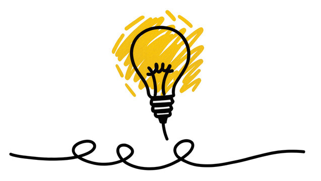 Isolated hand-drawn light bulb illustration with glowing effect and a creative squiggle line