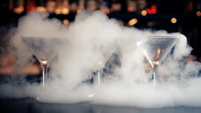 Stylish martinis on the bar with smoke effects for atmosphere.