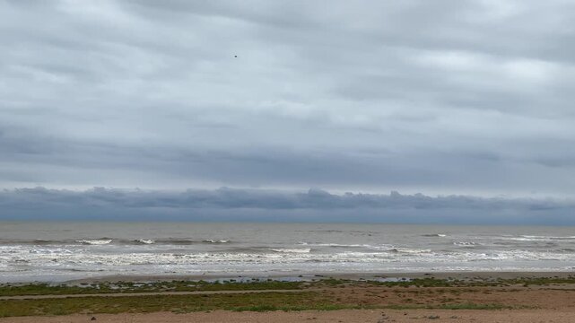 Broad beach view shows choppy ocean waves beneath heavy gray cloud layers, with distant horizon, narrow sandy shore, sparse green vegetation, and small bird high in sky creating calm moody coastal