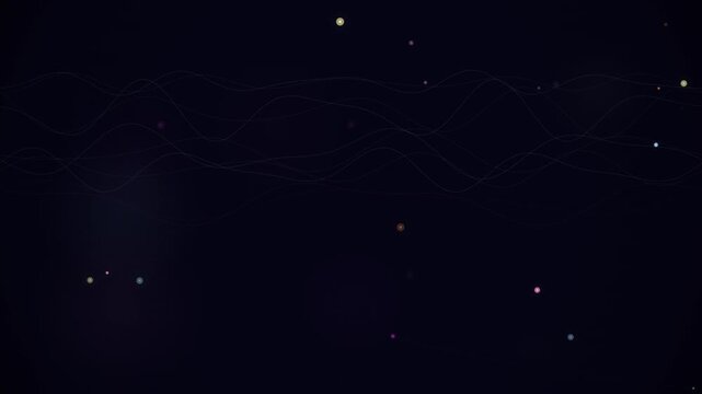 Glowing light particles float across a dark background with subtle flowing lines and wave patterns creating a cosmic atmosphere.