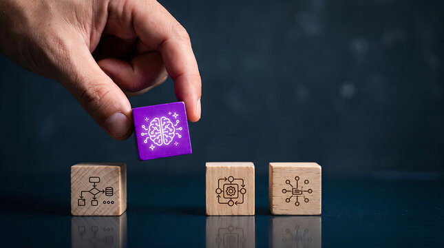Hand placing a block with an artificial intelligence icon to represent machine learning and innovation strategy in business management