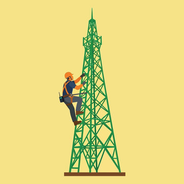 Telecom worker climbing cell tower for maintenance, communication infrastructure