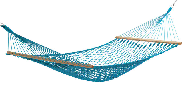 Isolated turquoise rope hammock with wooden spreader bars for summer relaxation and leisure