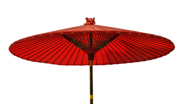 Isolated traditional Japanese red umbrella parasol with bamboo handle and beautiful open design