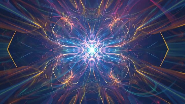 Futuristic abstract energy animation with glowing particles, digital light waves and symmetrical technology patterns creating a sci-fi background for innovation and digital concepts