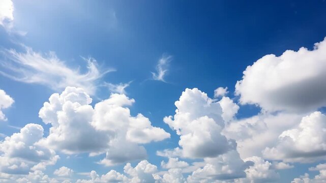 Clear blue sky with fluffy clouds.
