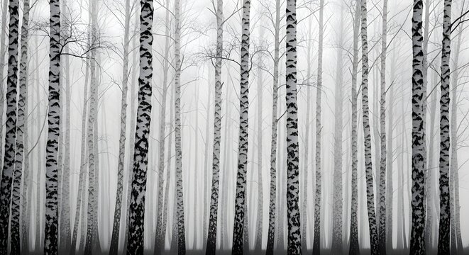 Ethereal birch forest shrouded in thick morning mist