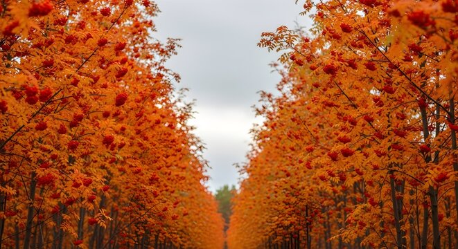 Vibrant row of rowan trees with bright orange autumn leaves and berries