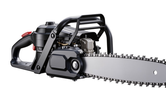 Isolated professional powerful chainsaw with sharp chain for woodcutting and logging tasks