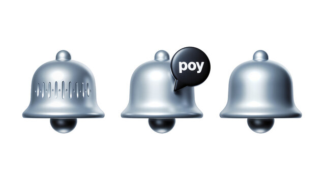 Isolated 3D rendered silver notification bells set with varying designs for alerts and messages