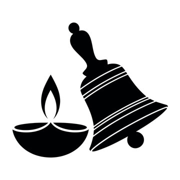 Black vector silhouette icon of traditional Indian diya oil lamp and ritual prayer bell isolated on white background