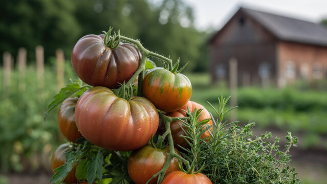 Heirloom tomato organic vegetable garden harvest rustic farm summer season fresh produce ripe tomato green foliage country field wooden barn heirloom tomatoRegenerative travel farmstay concept