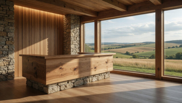 Modern wooden interior stone wall reception desk panoramic window countryside view natural light minimalist design rural landscape wood floor open space ModernRegenerative travel farmstay concept