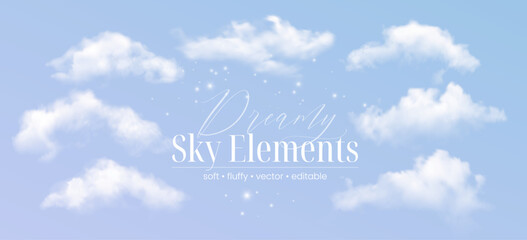 Fototapeta premium Dreamy sky elements vector cover on a soft blue background with realistic fluffy clouds and small sparkling lights. White cloud collection creates an airy scene