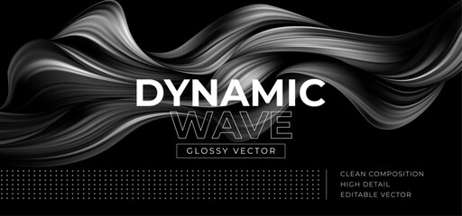 Black color flow wave vector cover on a dark background. Glossy silver liquid ribbons and bold typography create a sleek modern abstract banner design © vik_y