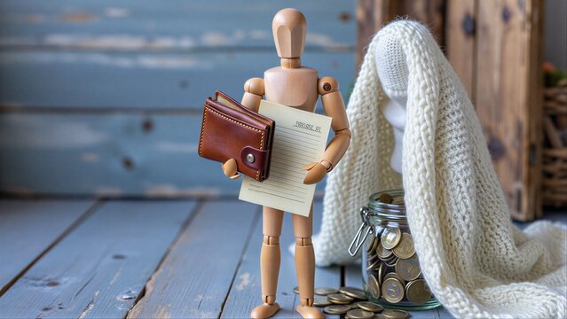 Wooden mannequin holds wallet and budget sheet, woman knits beside jar of coins.