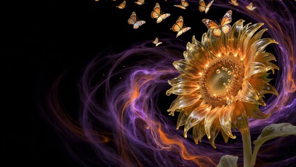 Obraz premium Golden sunflower blooms with butterflies dancing in swirling cosmic energy.