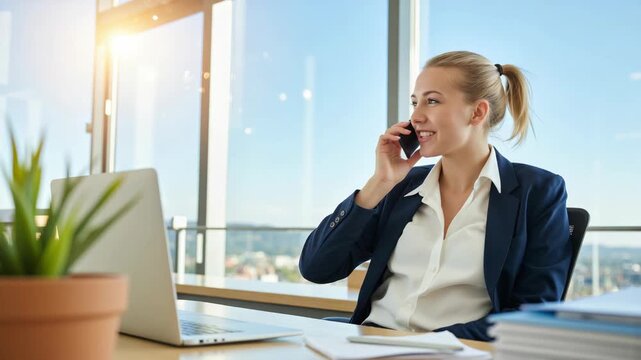Smiling professional woman speaking on cell phone with laptop open