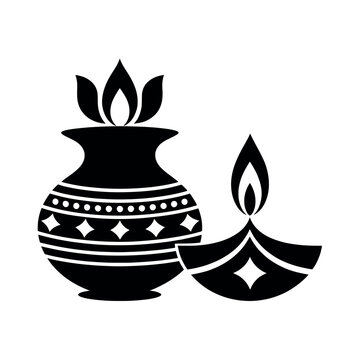 Indian festival kalash pot and oil lamp diya silhouette icon for traditional hindu celebration vector
