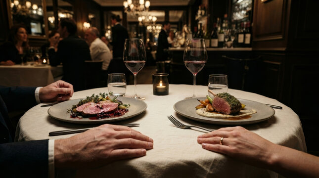 Gourmet Romantic Dinner featuring Duck Magret and Lamb at a Luxury French Restaurant, Paired with Red Wine