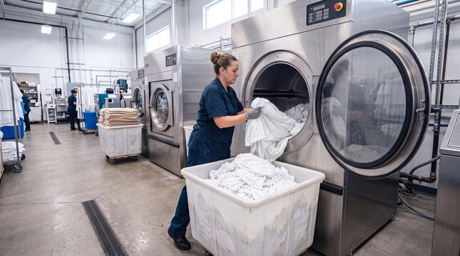 Housekeeper using large industrial washer in commercial laundry facility, basket filled with clean white sheets, bright workspace, modern professional washing equipment, cleanlines
