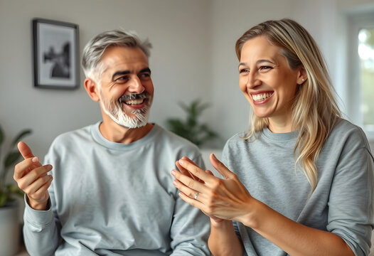 Happy middle aged couple laughing and talking together at home, enjoying a relaxed conversation and shared joy, the man and woman are smiling genuinely