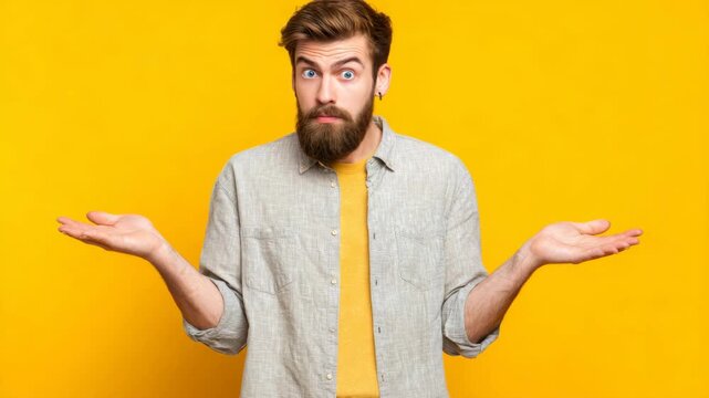 A bearded man wearing an open shirt and a surprised look on his face