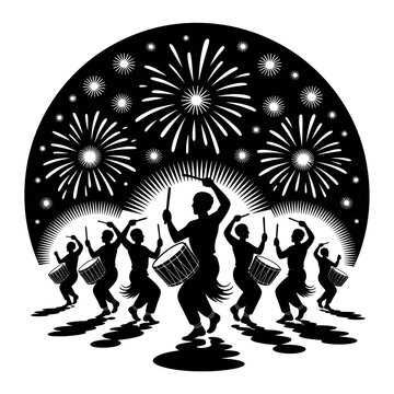 Silhouette illustration of drummers playing music under festive fireworks during a carnival celebration