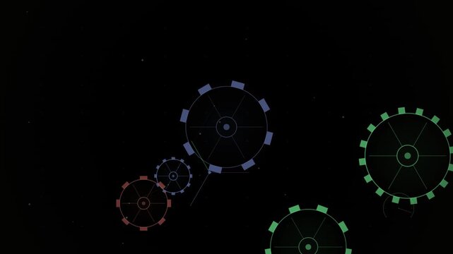 Colorful geometric gears of different sizes are scattered across a dark background with subtle connecting lines between them.