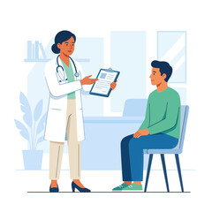 Fototapeta premium Doctor consulting male patient, discussing medical results on clipboard in clinic. Flat vector illustration of healthcare, medical examination, and patient care.