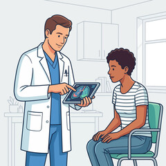 Obraz premium Doctor Consulting Patient About Lungs Scan Results on Tablet - Medical Consultation Illustration