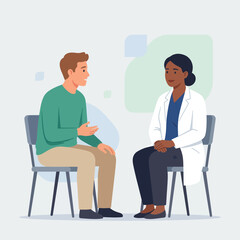 Obraz premium Doctor consulting patient in a therapy session, flat vector illustration with diverse characters and simple design.