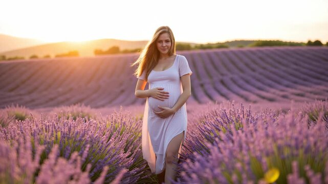 A serene of a pregnant woman walking through a lavender field during a beautiful sunset with soft light and warm colors.