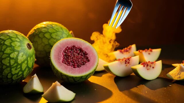 A close-up showcasing slices of pomegranate with seeds intact on a dark surface.