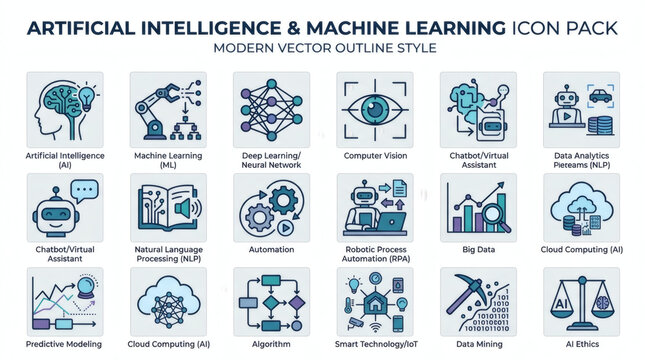 Vector icon pack representing artificial intelligence and machine learning concepts in modern outline style