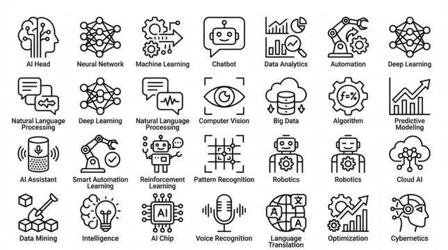 Collection of AI and Machine Learning Icons for Digital Technology Concepts
