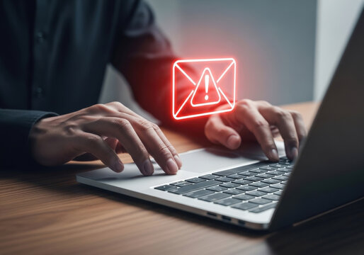 Cyber security concept showing hands typing on laptop with red glowing exclamation mark mail icon warning of digital scam or phishing threat.