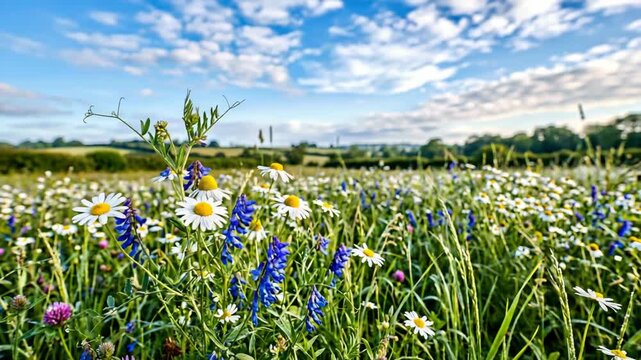 A vibrant field of wildflowers with white, purple, and yellow flowers under a partly cloudy sky.