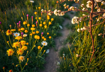Fototapeta premium Wildflower meadow with a winding path and blooming white and yellow flowers in soft golden hour light, Natural beauty and tranquility of a spring or summer garden