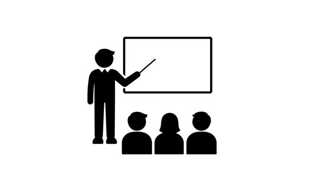 Animated black teacher and student studying icon loop on white background, education classroom motion graphic element