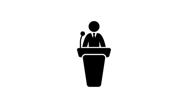 Animated black speaker at podium icon loop on white background, business presentation and public speaking graphic element