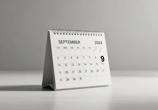 Desk calendar for september 2024, showing date nine, on a white table against a light gray background.