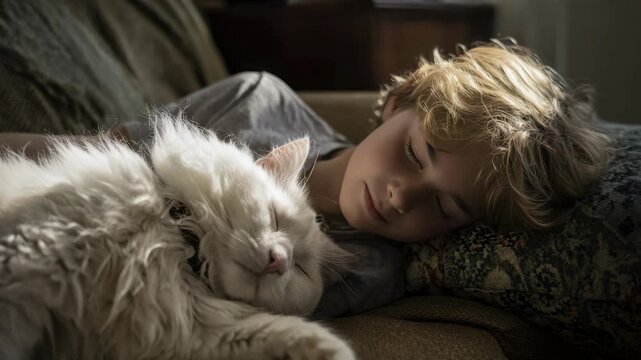 A young boy resting peacefully on a couch with his fluffy white cat.
