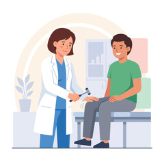 Fototapeta premium Doctor Performing Neurological Reflex Test with Reflex Hammer on Patient's Knee - Flat Vector Illustration