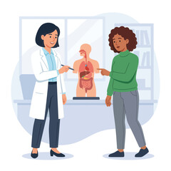 Fototapeta premium Doctor Explains Human Anatomy Model to Patient in Medical Office