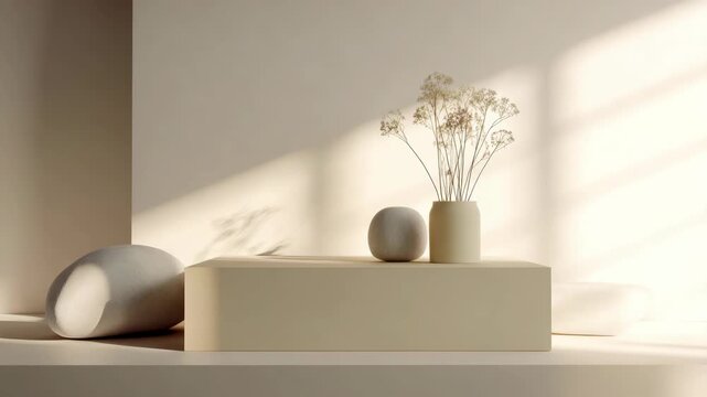 A serene interior space bathed in soft sunlight, featuring minimalist decor and simple elegance. A vase of dried flowers adds a touch of natural beauty to the scene.