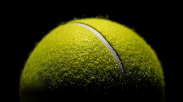 A macro photograph captures the fuzzy texture and bright yellow color of a tennis ball with a white seam against a dark background highlighting its sporting equipment detail.