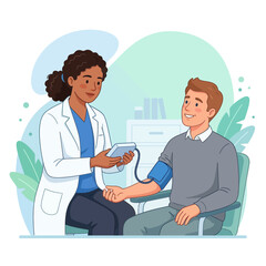 Fototapeta premium Doctor taking patient's blood pressure in a simple flat vector illustration style, healthcare concept